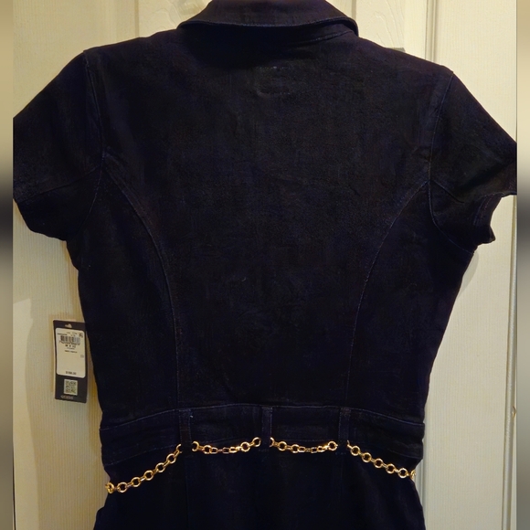 Guess Ember LeClique Denim Dark Blue Jumpsuit with Gold Chain Belt-Size Medium - Picture 8 of 13